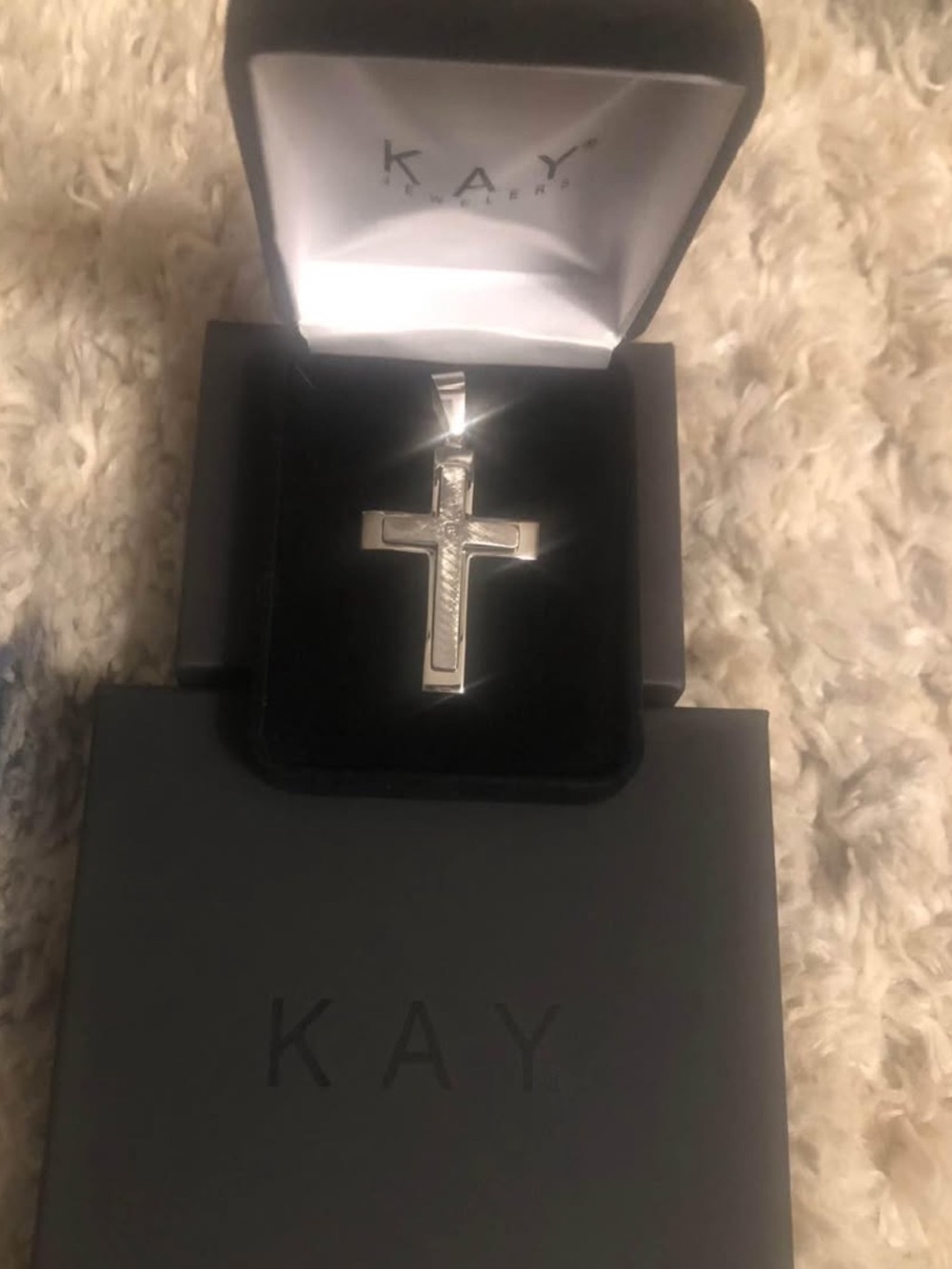 Kay Jewelers Diamond Accent Stainless Steel Etched Cross Pendant BRAND NEW